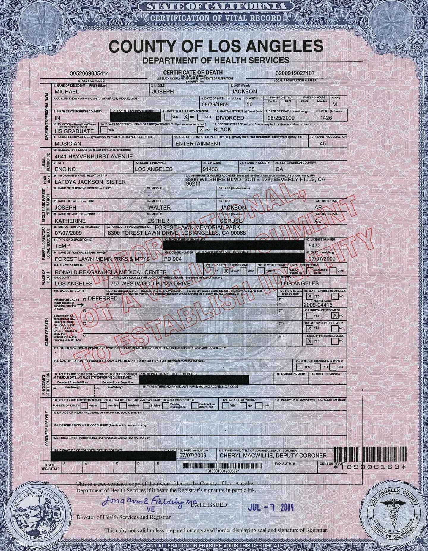 Michael Jackson Death Certificate